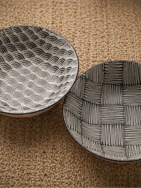 AWASAKA Modern Japanism Coll 2-pc Geometric Pattern Porcelain Rice Bowls#0415266